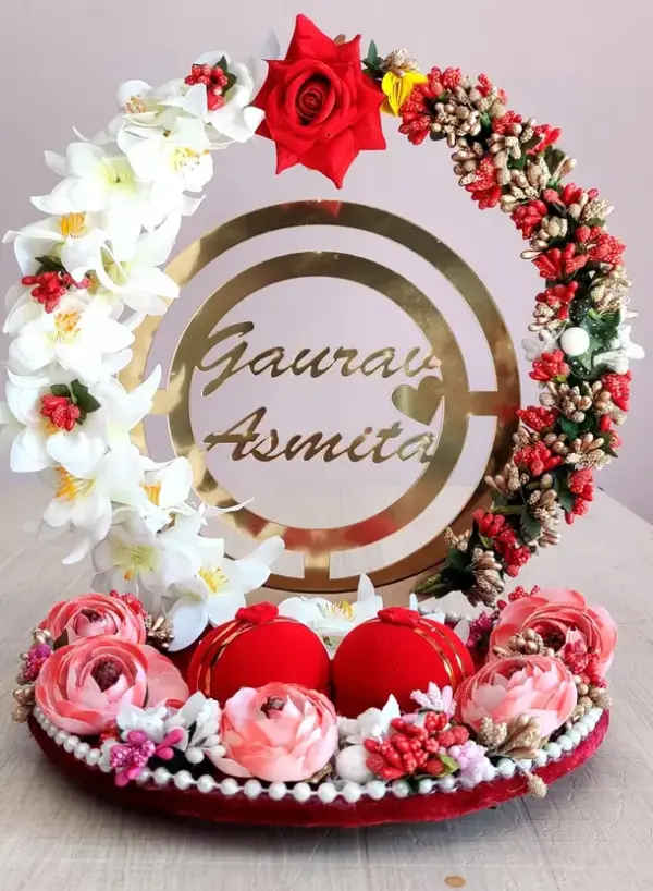Mridang Handmade Designer Engagement Ring tray ring holder platter with customise name Wood Decorative Platter  (Multicolor)