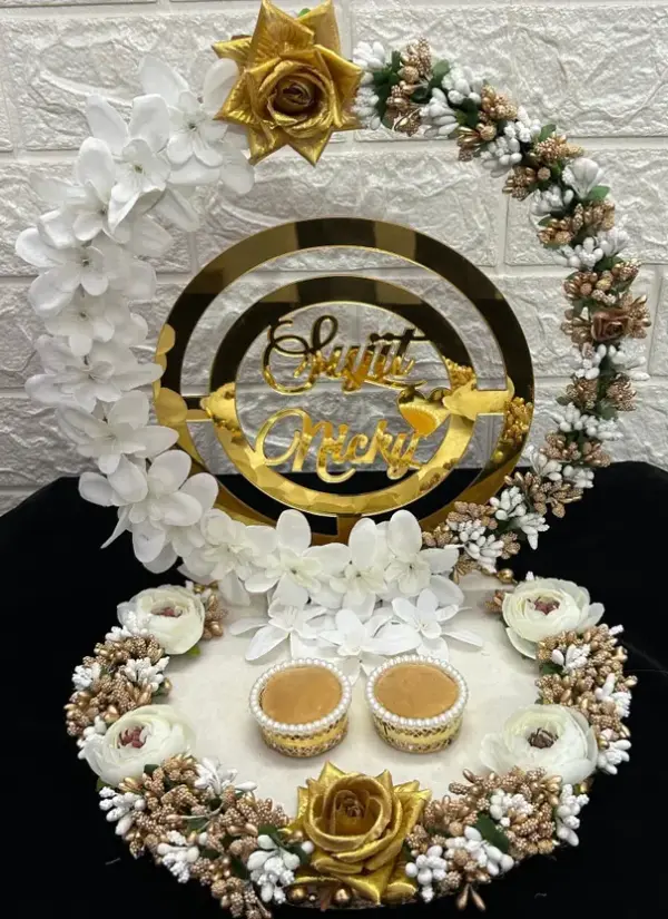 Mridang Customize Engagement Ring platter with beautiful Floral work Wood Decorative Platter  (White, Gold)
