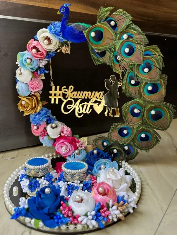 Mridang Customize Engagement Ring platter with beautiful Floral work Wood Decorative Platter  (Multicolor)